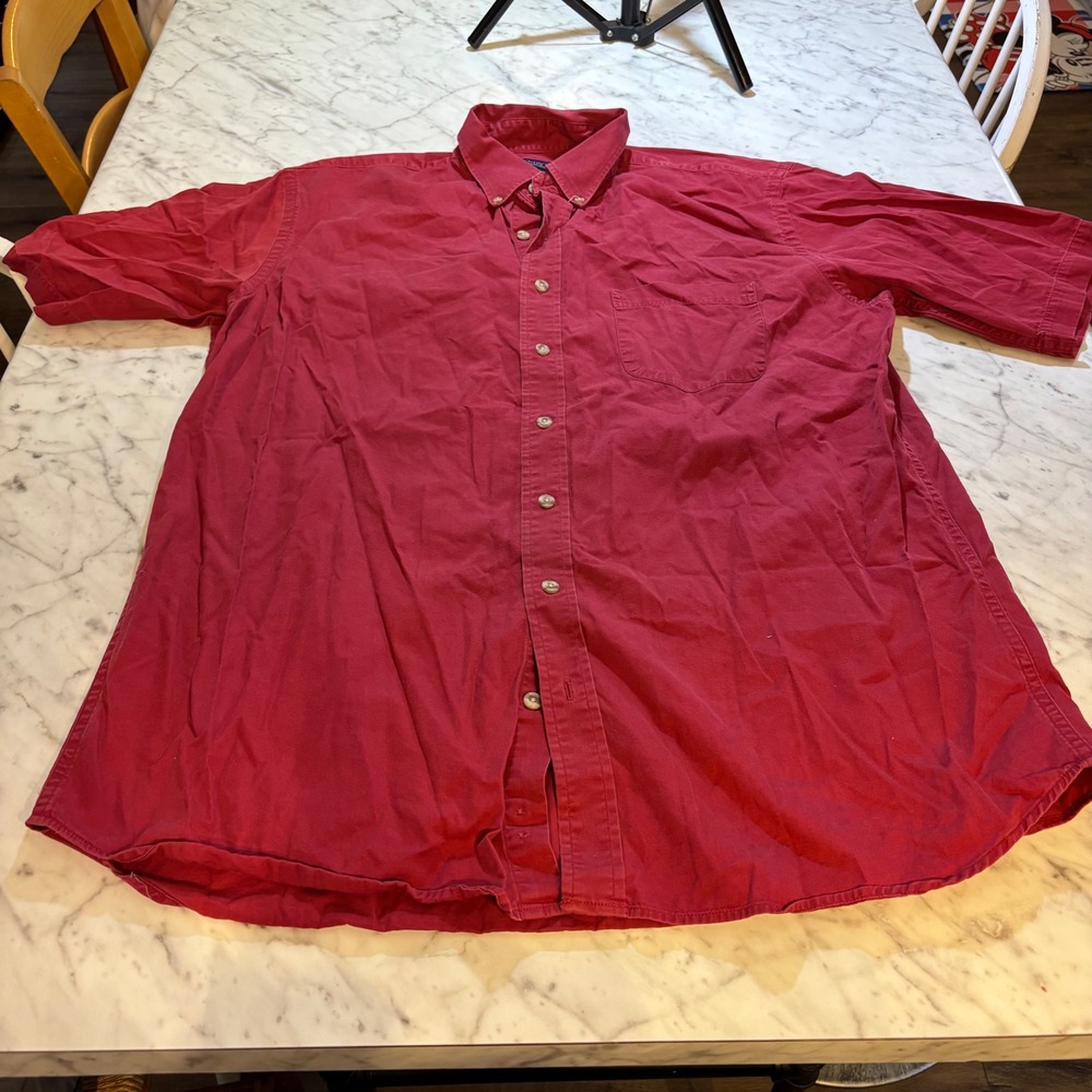 Vintage Lands End Mens Red Short Sleeve Button Down Shirt Large Tall 16-16.5